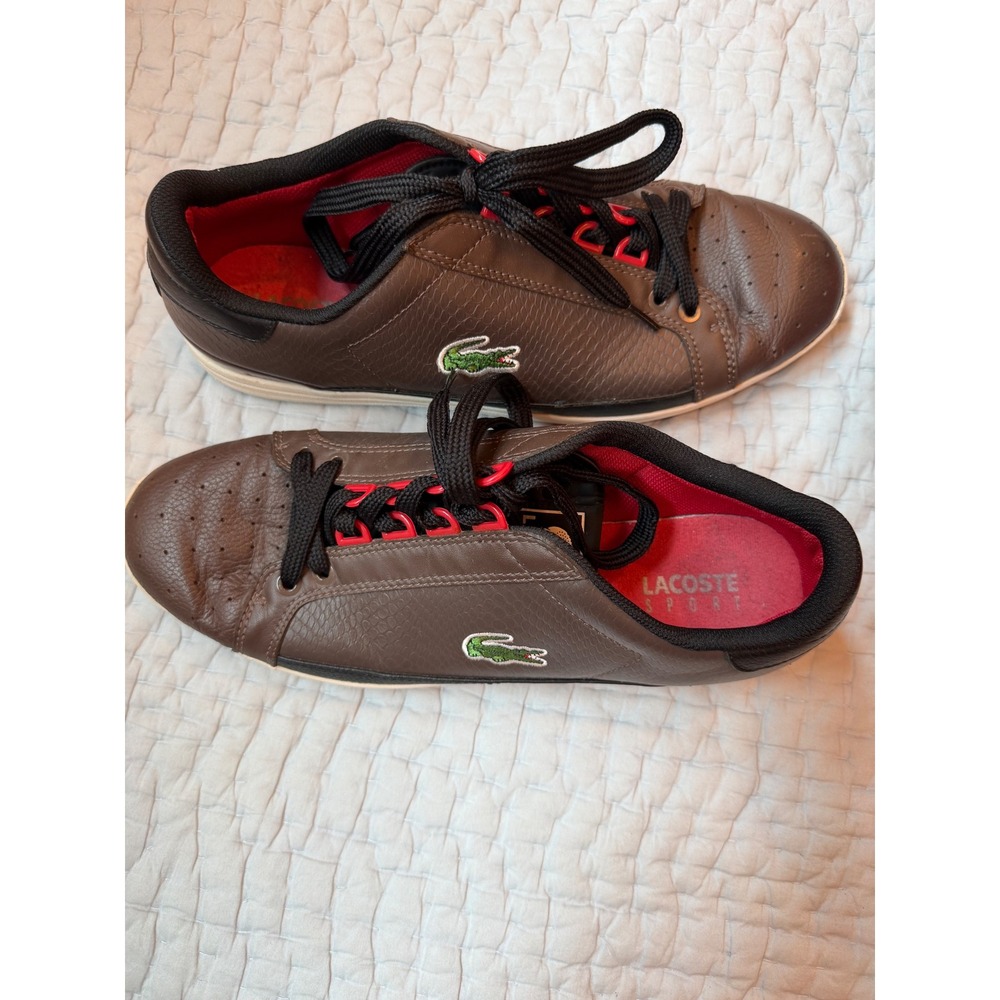 Lacoste Sport Mens Brown Leather Low Top Sneakers Red Black  Logo Shoes 10.5